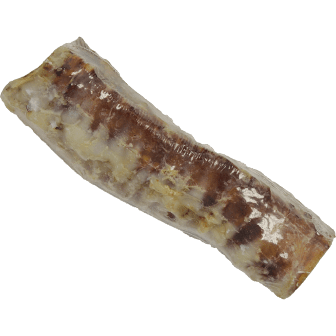 A six-inch beef trachea dog treat wrapped in clear plastic packaging.