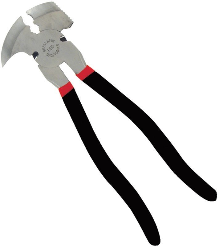 Great Neck 10-inch fence pliers with a drop-forged head and black ergonomic handles.