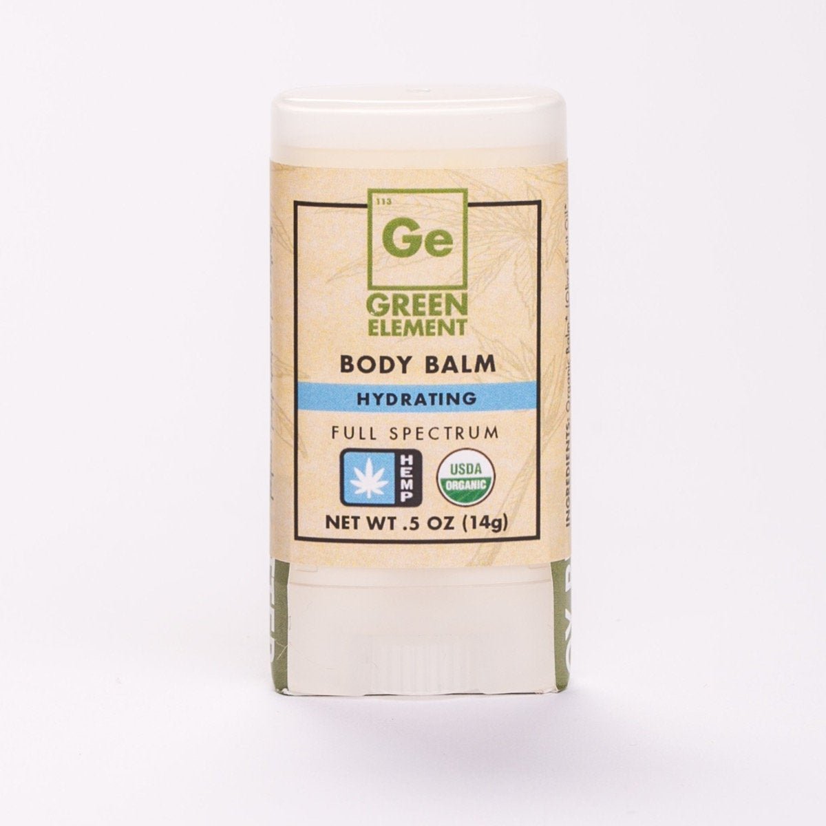 A 0.5 ounce twist-up stick of Green Element hydrating body balm with a full spectrum hemp label.