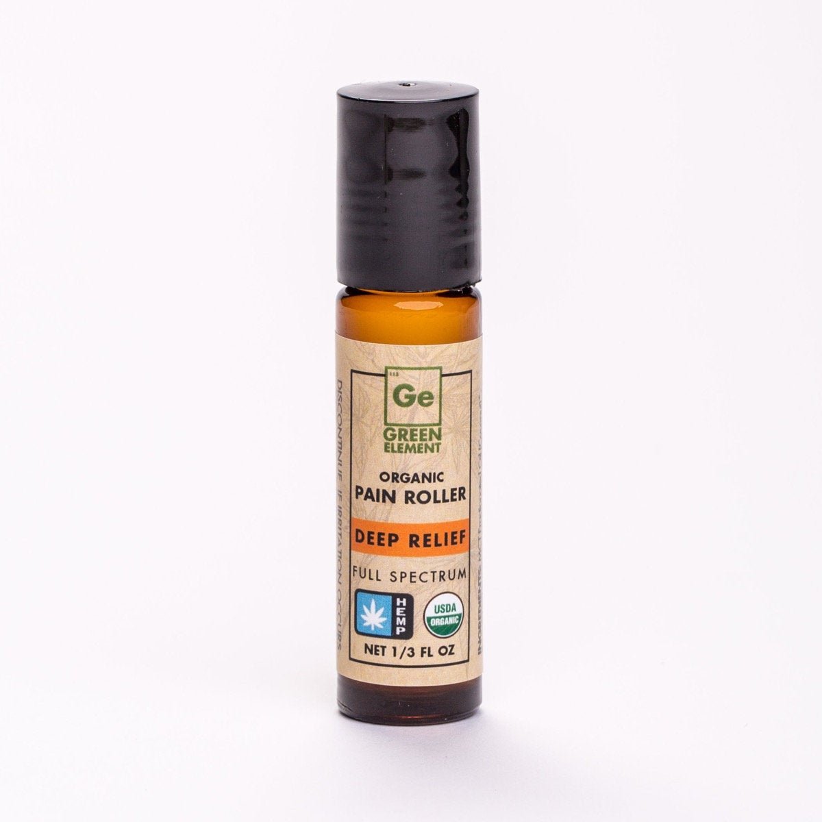 A small amber glass roll-on bottle of Green Element organic pain relief oil.