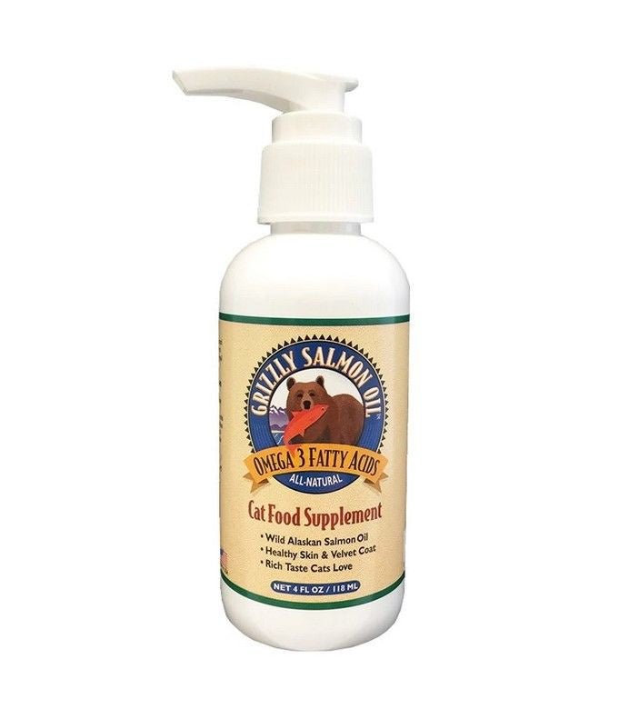 A bottle of Grizzly Salmon Oil cat food supplement with a pump dispenser.