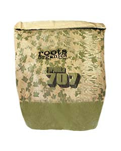 A bag of Roots Organics Formula 707 potting soil with a camouflage pattern.