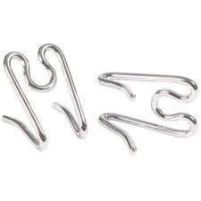 Two silver-colored metal links for a dog training collar shown from different angles.