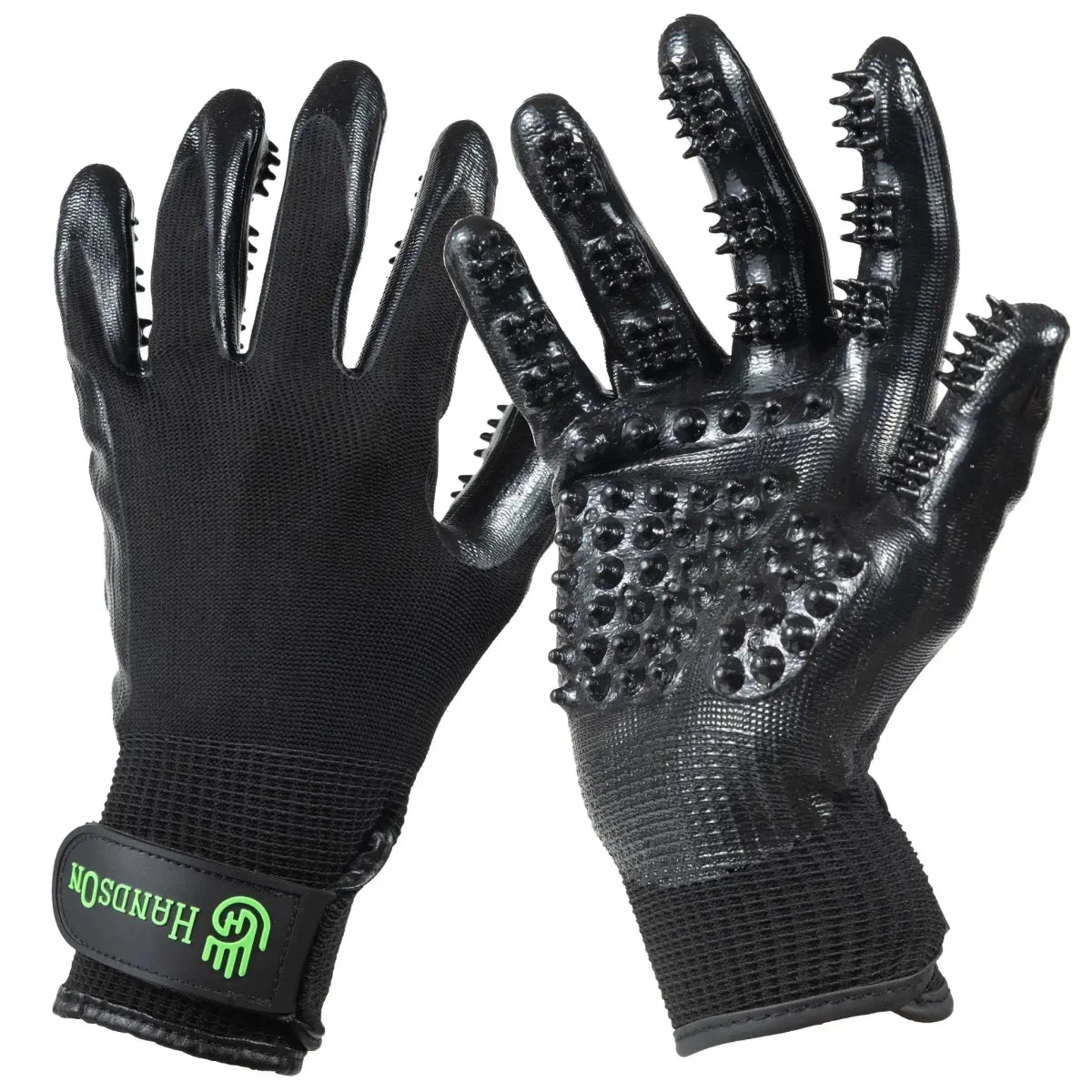 A pair of black grooming gloves featuring textured scrubbing nodules on the palms and fingers.