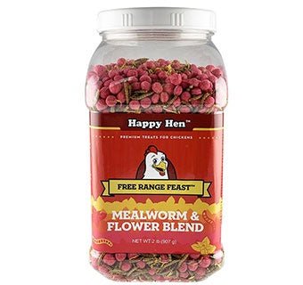 A two-pound clear jar of Happy Hen Free Range Feast mealworm and flower blend for chickens.