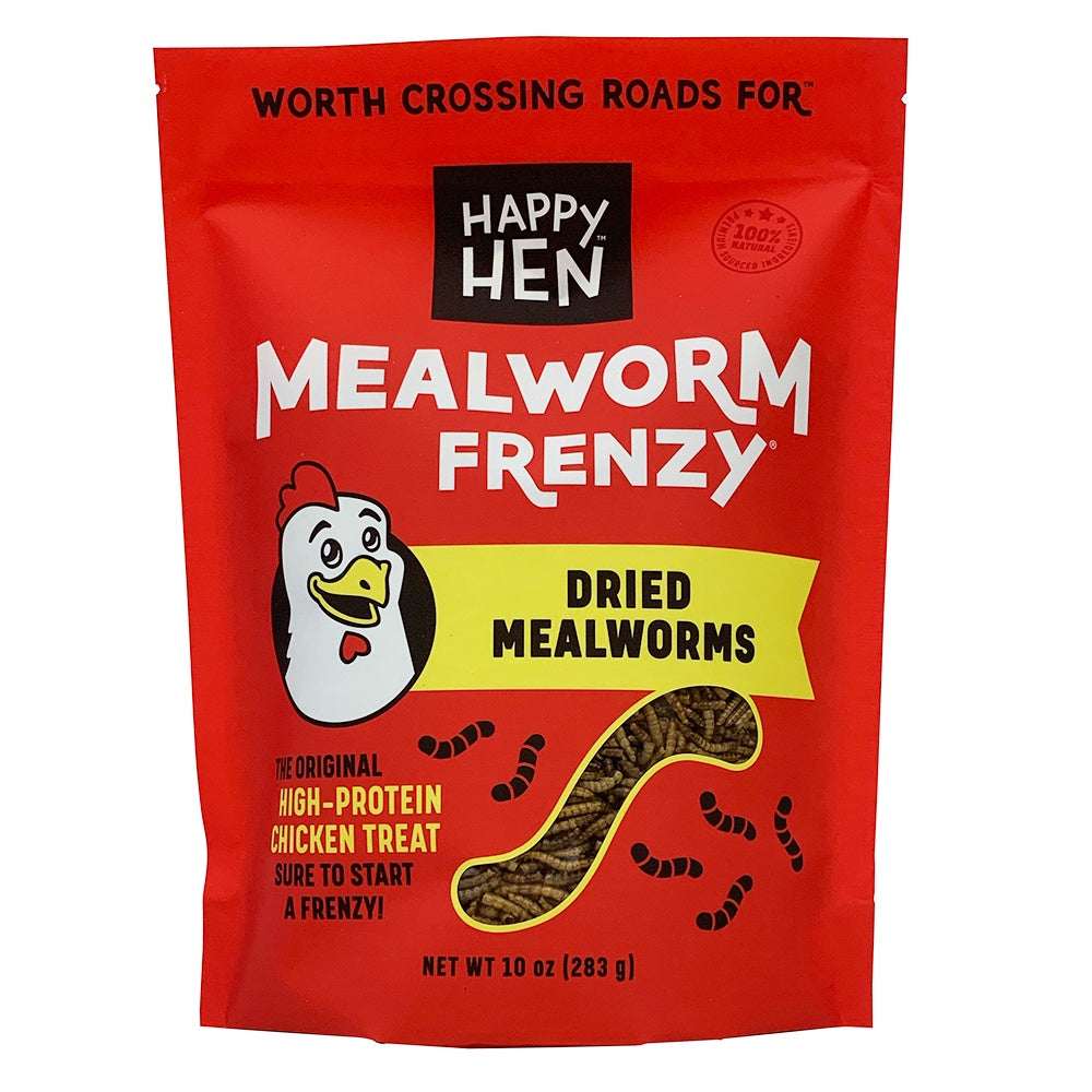 A ten-ounce red bag of Happy Hen Mealworm Frenzy dried mealworm treats for chickens.