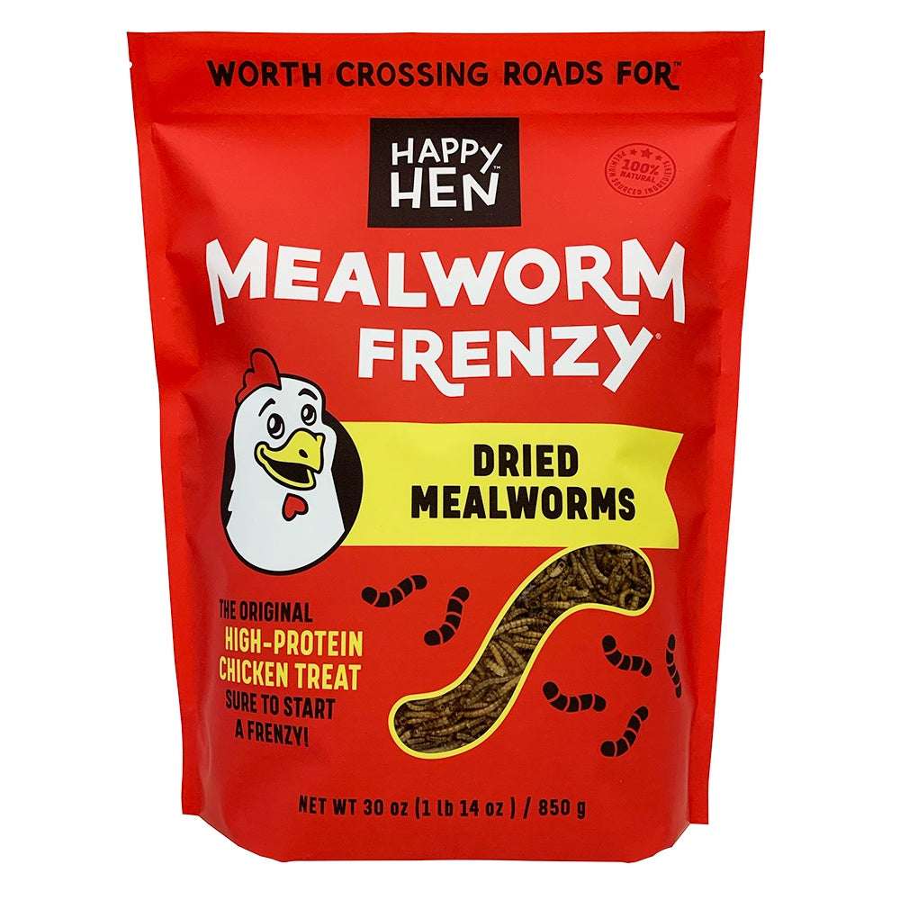 A 30 ounce bag of Happy Hen Mealworm Frenzy dried mealworm treats for chickens.