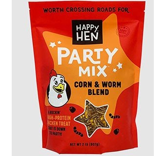 A two-pound bag of Happy Hen Party Mix corn and mealworm blend chicken treat.