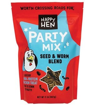 A two-pound resealable bag of Happy Hen Party Mix seed and worm blend for chickens.