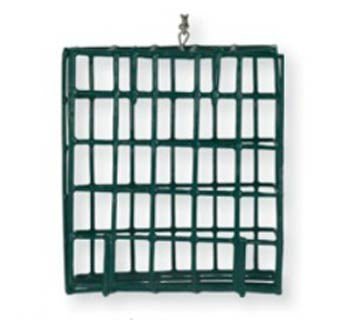 A green coated wire basket designed to hold a treat square for chickens.