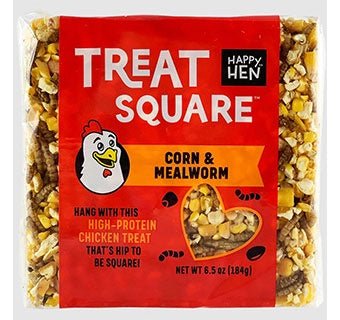 A 6.5 ounce Happy Hen Treat Square made with corn and mealworms for chickens.