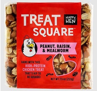A 7.5 ounce Happy Hen Treat Square containing peanuts, raisins, and mealworms for chickens.