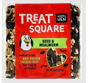 A 6 oz Happy Hen Treat Square made of seeds and dried mealworms in a clear plastic wrapper.