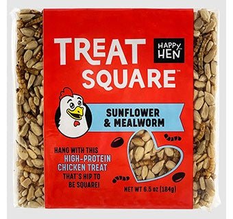 A square block of sunflower seeds and mealworms packaged in a red Happy Hen wrapper.
