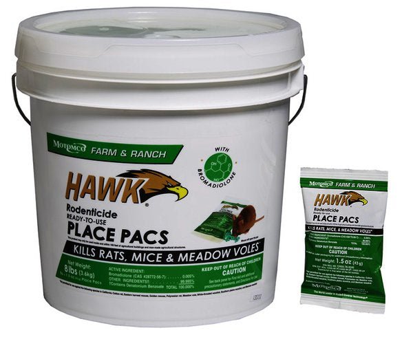 A white plastic tub of Hawk rodenticide place pacs with one individual packet shown beside it.