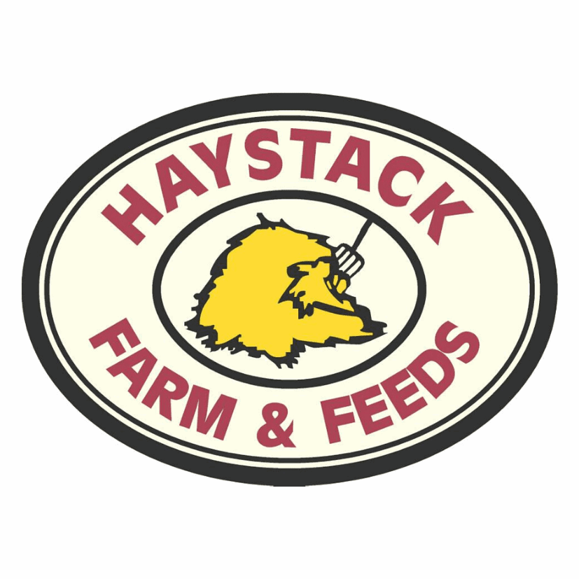 A logo for Haystack Farm and Feeds featuring a yellow haystack and a pitchfork in an oval frame.