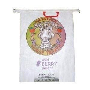 A twenty-pound bag of Haystack Wild Berry Delight horse treats featuring a cartoon horse logo.