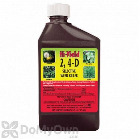 A bottle of Hi-Yield 2, 4-D Selective Weed Killer concentrate with a white cap.