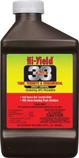 A brown plastic bottle of Hi-Yield 38 Plus insect control with a white cap.