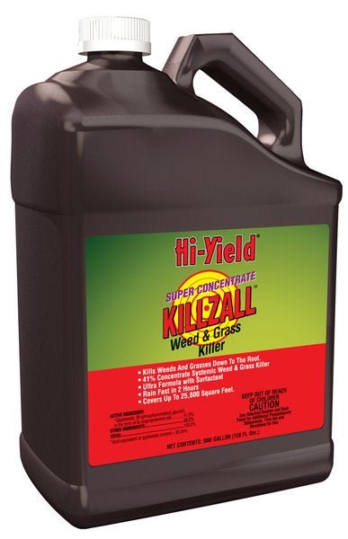 A one-gallon jug of Hi-Yield Killzall weed and grass killer concentrate.