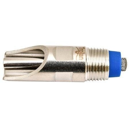 A stainless steel hog water nipple with a blue plastic end and a built-in mesh filter.