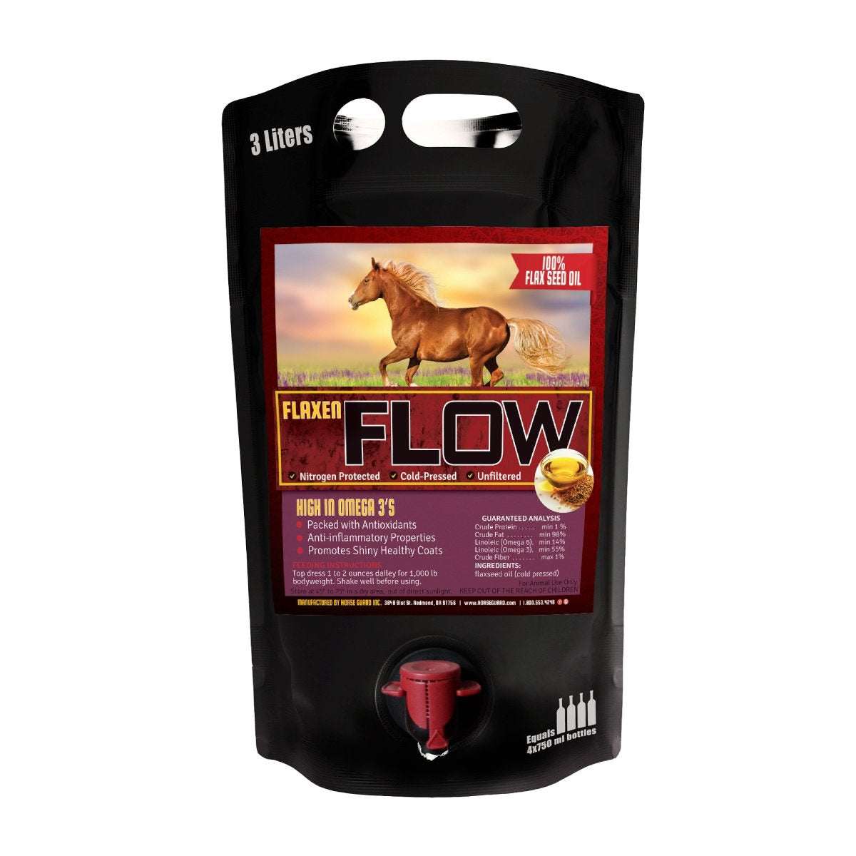 A three-liter pouch of Horse Guard Flaxen Flow flaxseed oil with a dispensing spout.