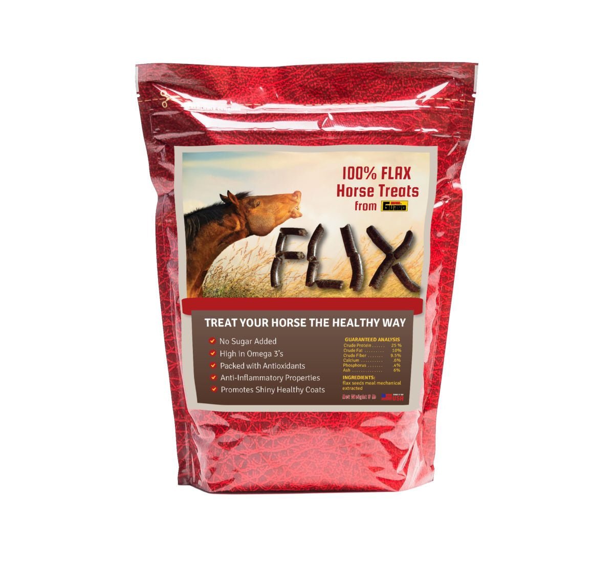A bag of Horse Guard Flix horse treats featuring a picture of a horse on the front.