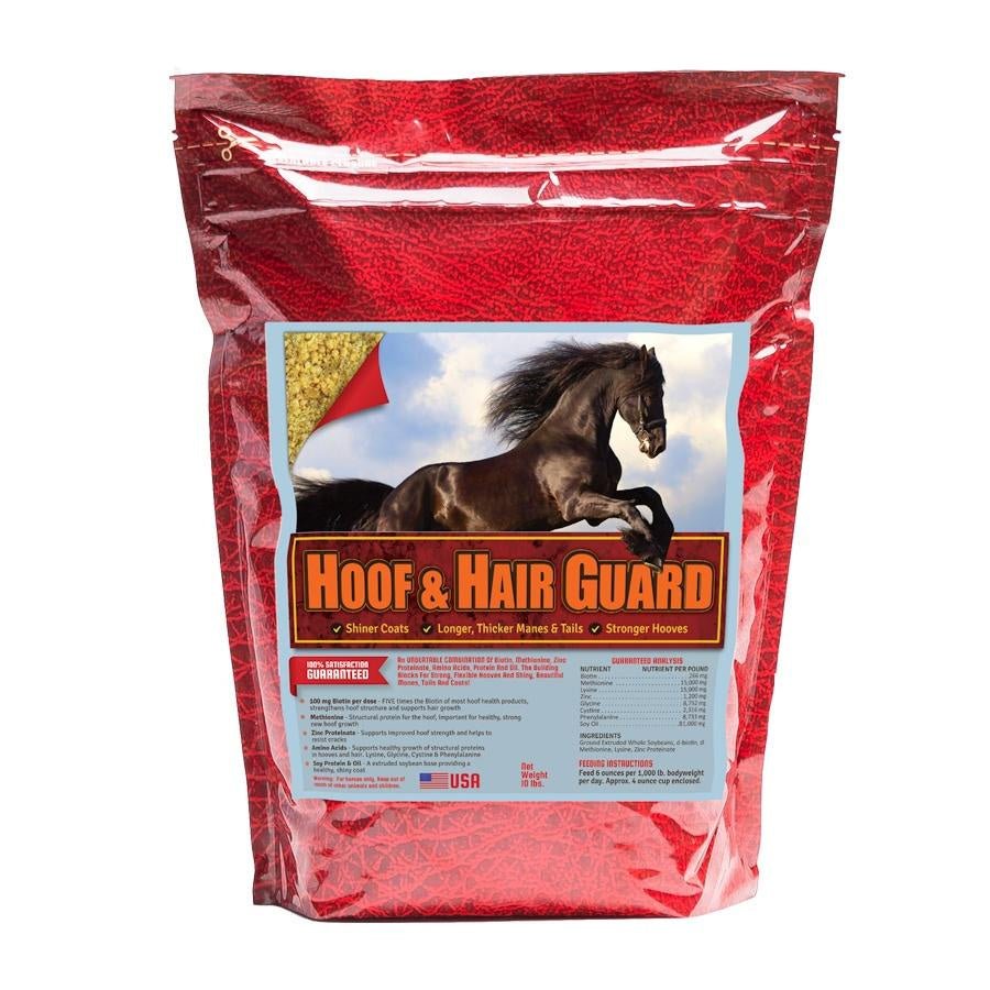 A ten-pound bag of Horse Guard Hoof and Hair supplement featuring a black horse on the label.