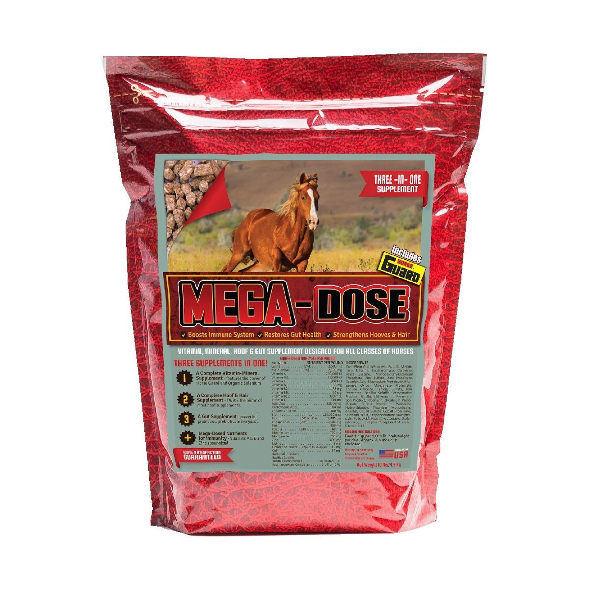 A bag of Horse Guard Mega Dose horse supplement featuring a picture of a horse on the front.