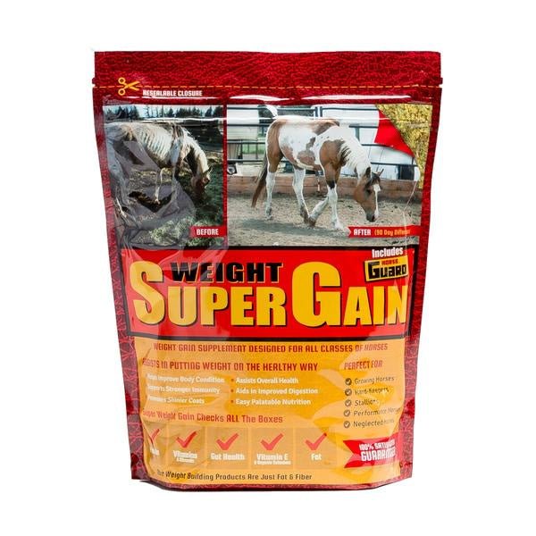 A bag of Horse Guard Super Gain supplement featuring before and after photos of a horse.