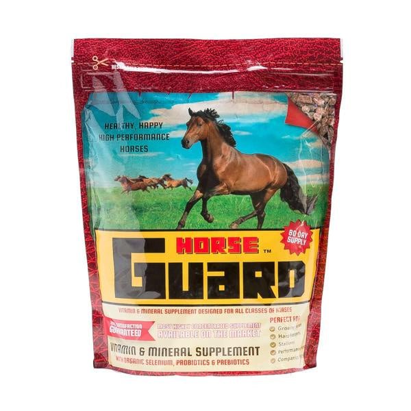 A bag of Horse Guard vitamin and mineral supplement featuring a horse running in a field.