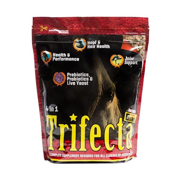 A bag of Horse Guard Trifecta 4-in-1 horse supplement with a horse portrait on the front.