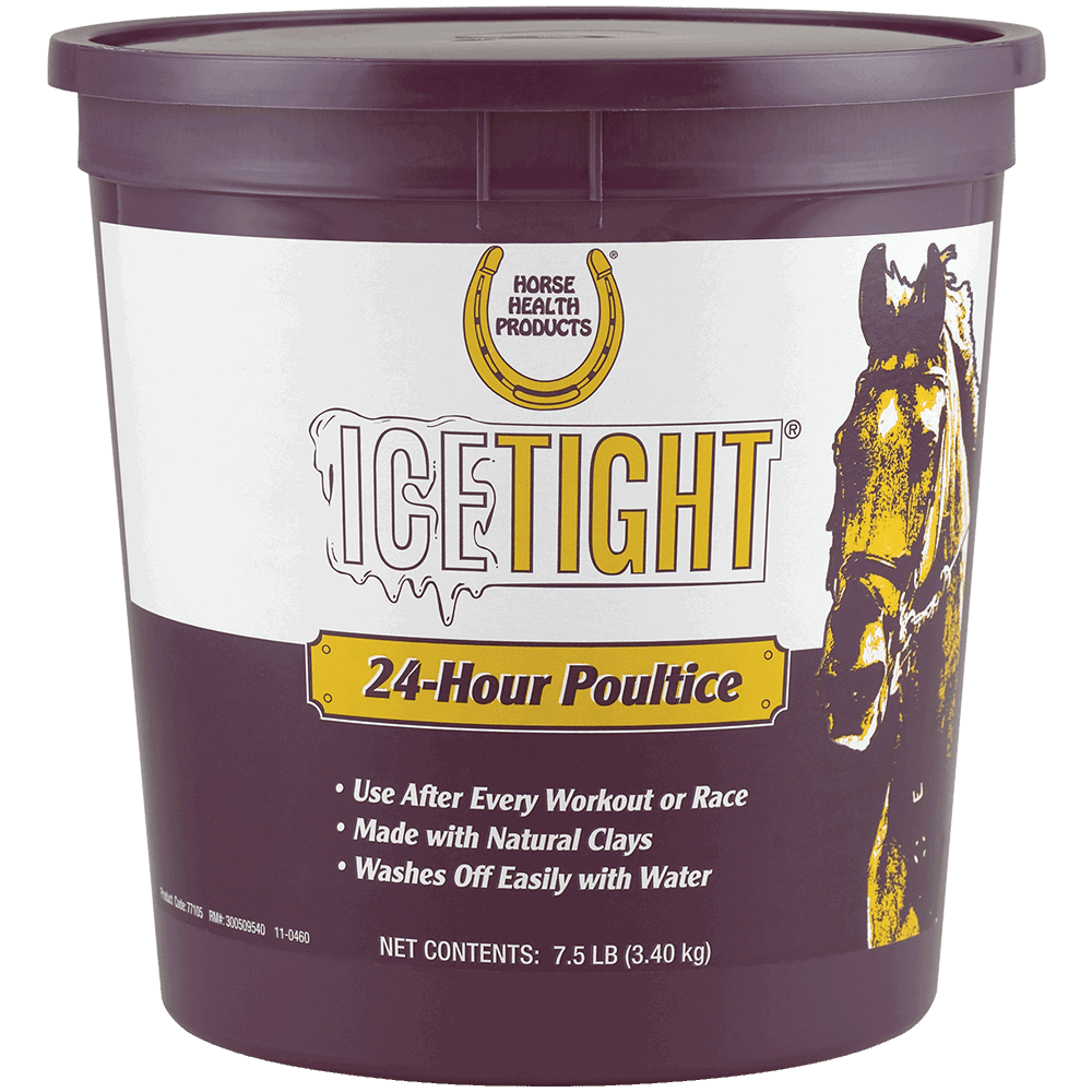 A 7.5-pound tub of IceTight 24-hour poultice for horses with a horse illustration on the label.