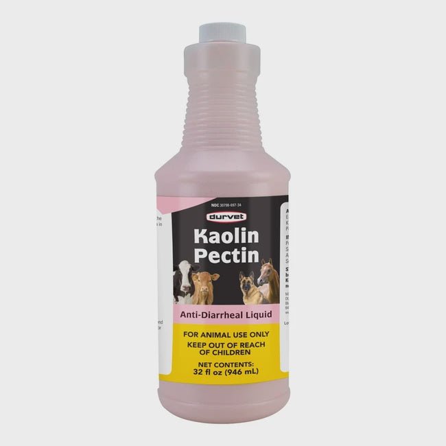 A 32-ounce bottle of Durvet Kaolin Pectin anti-diarrheal liquid for animals.