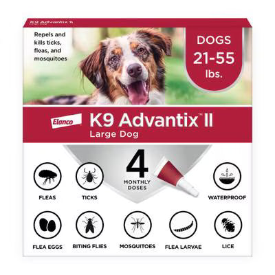 A box of K9 Advantix II topical treatment for large dogs weighing 21 to 55 pounds.