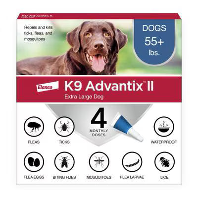 A box of K9 Advantix II topical treatment for extra large dogs containing four monthly doses.