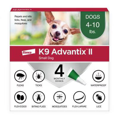 A box of K9 Advantix II topical treatment for small dogs weighing 4 to 10 pounds.