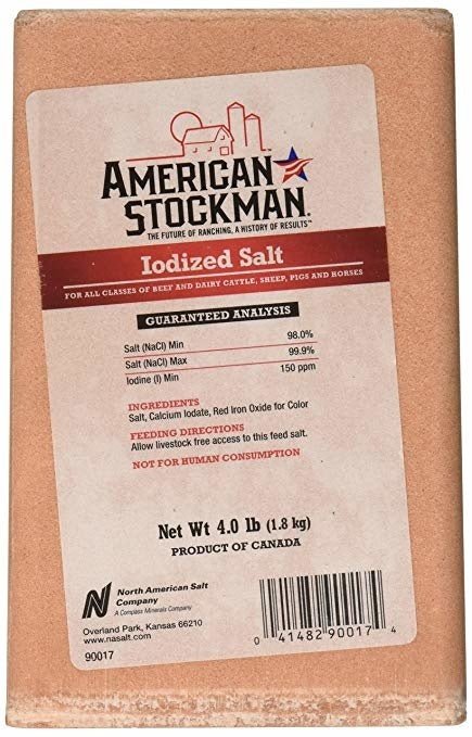 A four-pound block of American Stockman iodized salt for livestock.