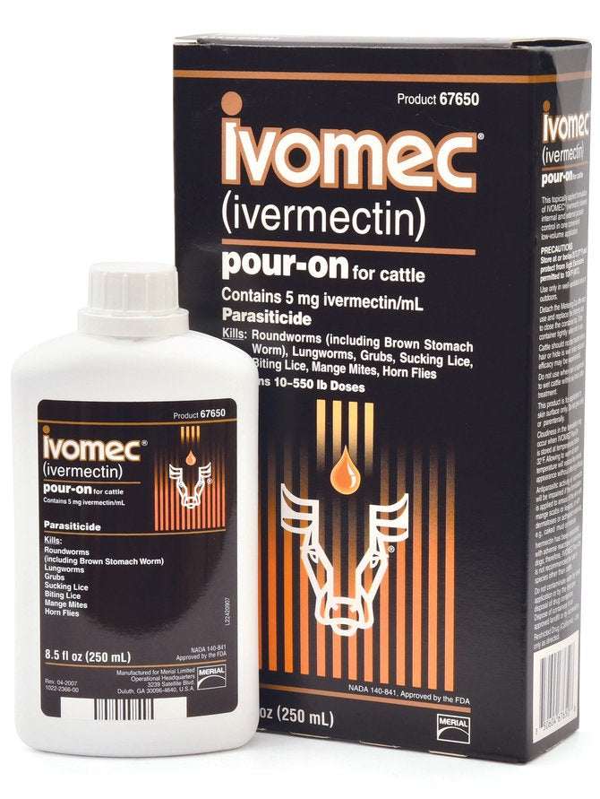 A bottle and box of Ivomec pour-on ivermectin for cattle in 250 mL size.