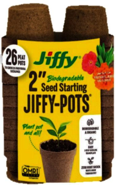 A stack of 26 biodegradable Jiffy peat pots for starting seeds.