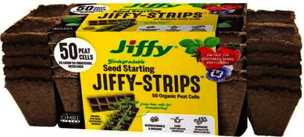 A pack of fifty biodegradable Jiffy-Strips peat cells for starting seeds.