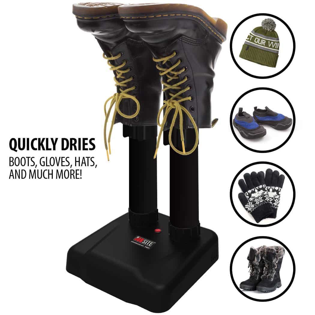 A black electric boot dryer with two vertical drying tubes and a base with a power switch.
