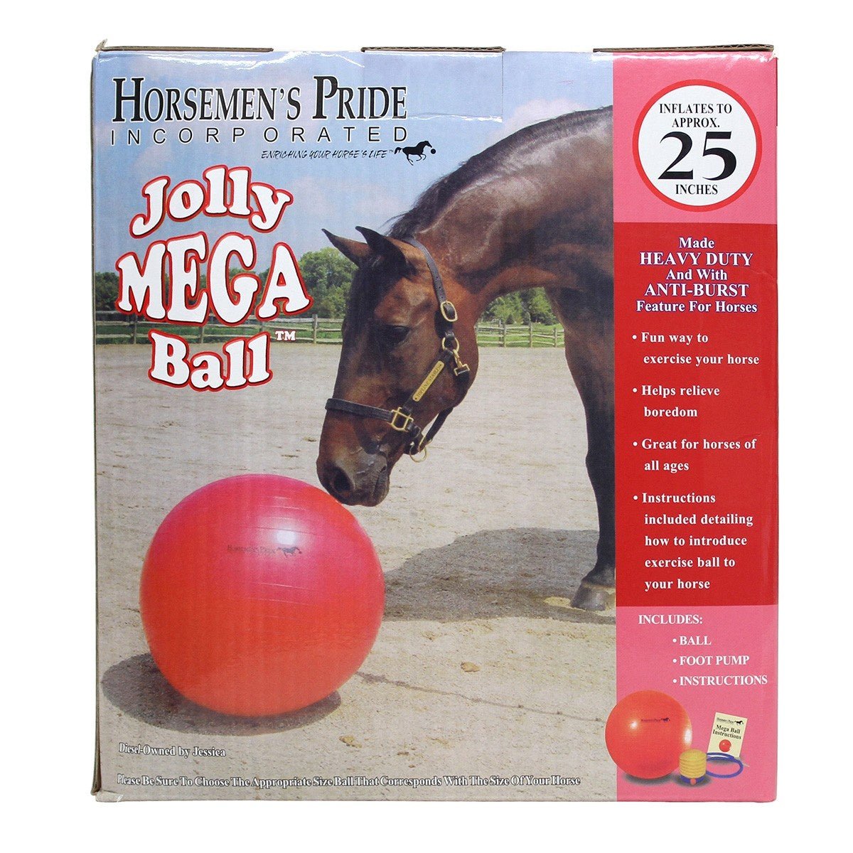 A red Jolly Mega Ball for horses in its product packaging box.