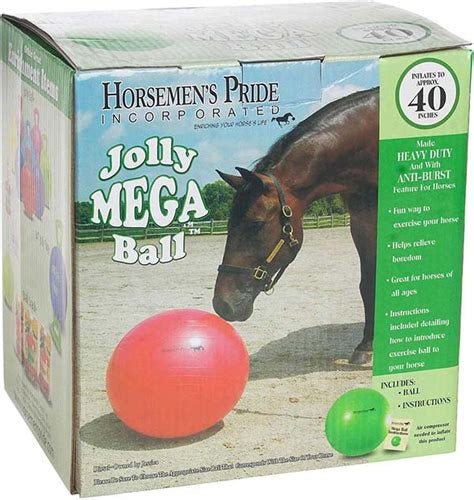 A Horsemen's Pride Jolly Mega Ball box featuring a horse and a large red inflatable ball.