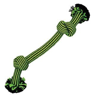 A green and black striped rope dog toy with two knots and frayed ends.