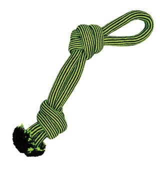 A durable dog toy made of tightly woven black and neon green rope with two knots and a loop end.