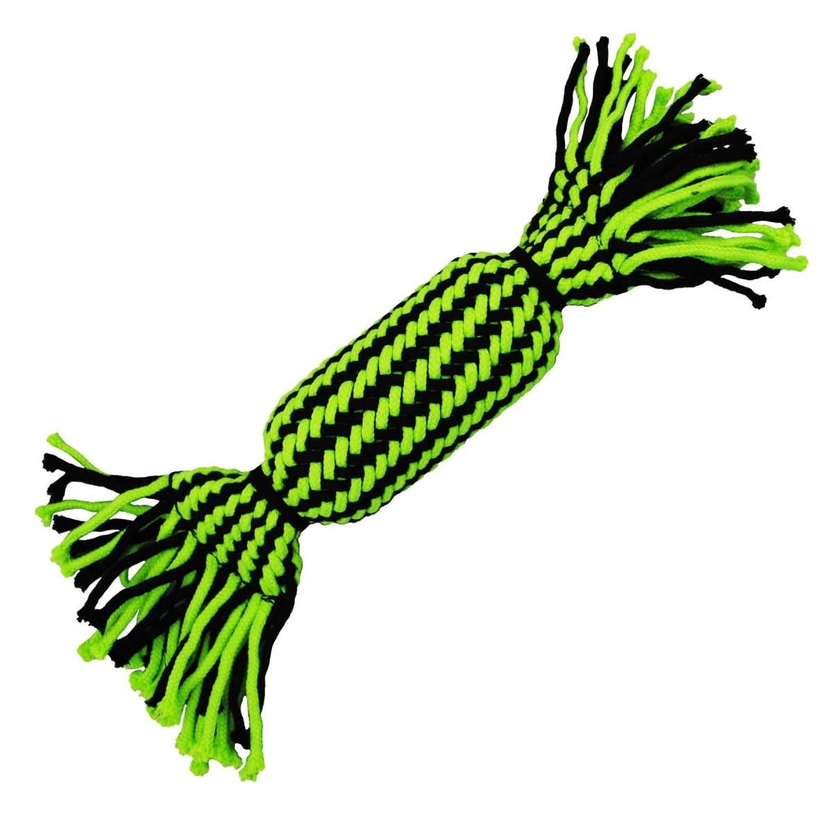 A lime green and black woven rope dog toy with frayed ends and a central tube shape.