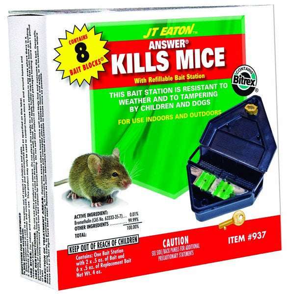 A JT Eaton mouse bait station kit featuring a refillable black plastic container and bait blocks.