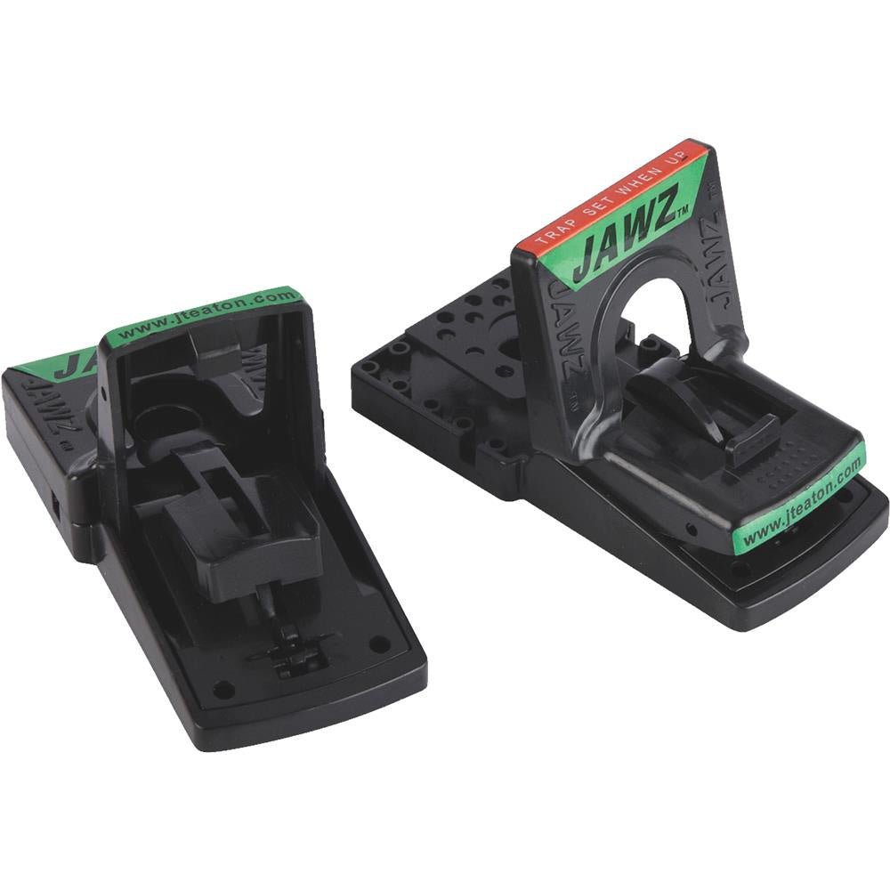 Two black plastic JT Eaton Jawz mouse traps, one shown in the set position and one unset.