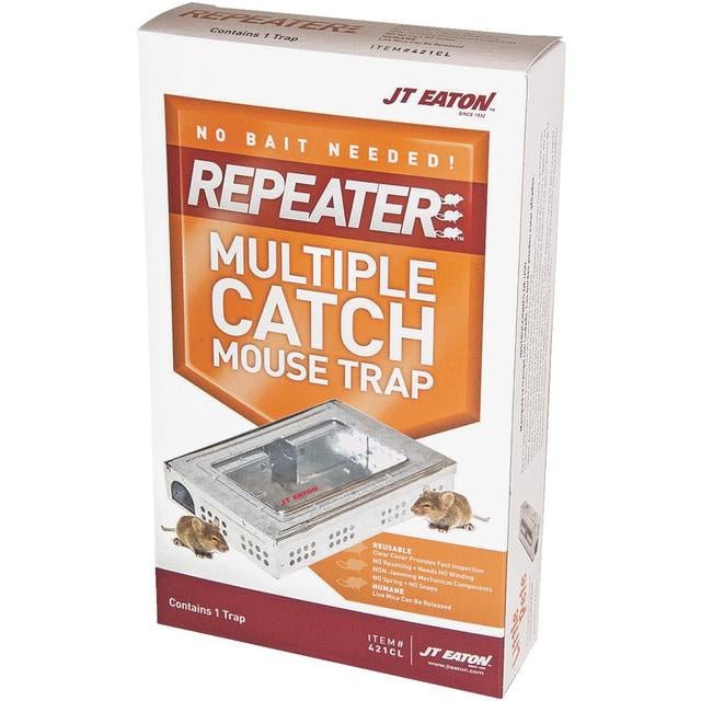 A JT Eaton multiple catch mouse trap in its retail box with a clear inspection window.